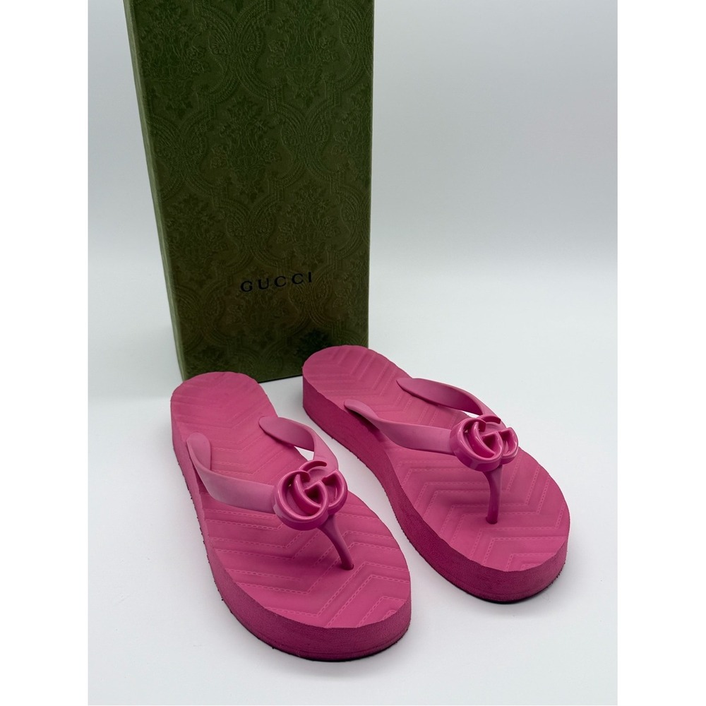 Gucci Pascar Pink Rubber Platform Double G Logo Flip Flop Thong Sandals Size 6